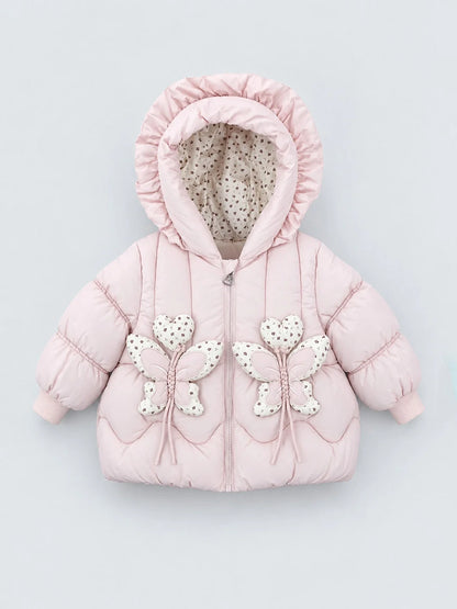 Peach Butterfly Heart Quilted Hooded Winter Jacket for Kids