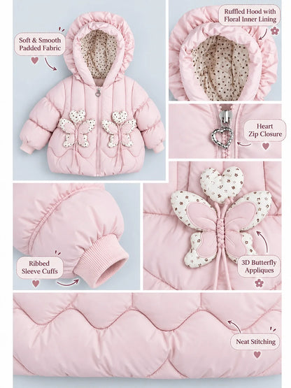 Peach Butterfly Heart Quilted Hooded Winter Jacket for Kids