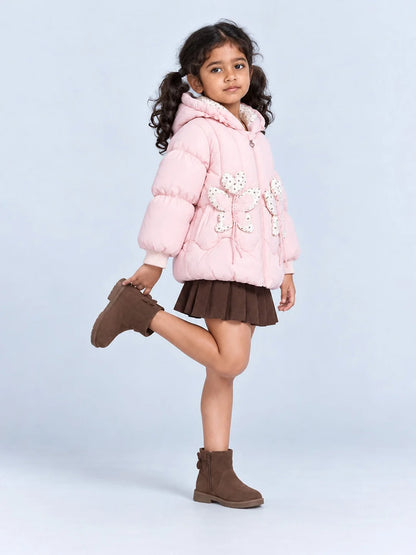 Peach Butterfly Heart Quilted Hooded Winter Jacket for Kids
