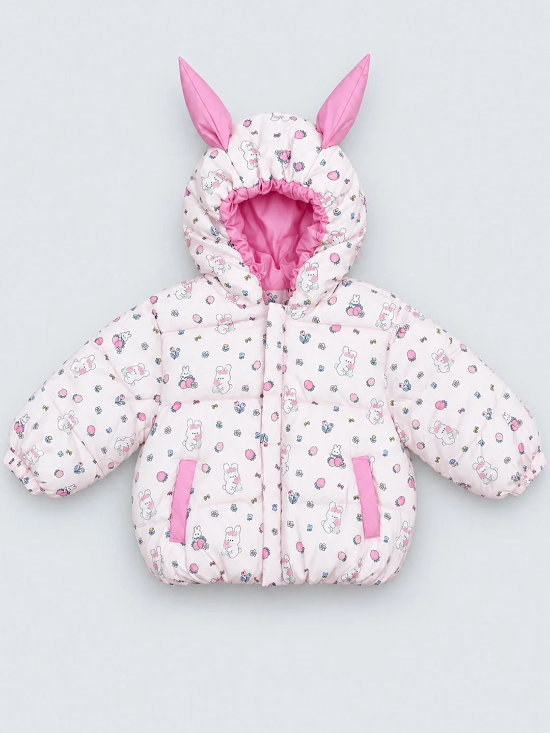 Pink Bunny Flower Quilted Hooded Winter Jacket for Kids
