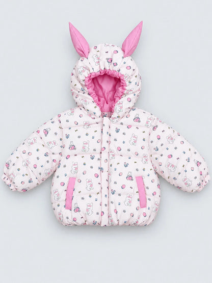 Pink Bunny Flower Quilted Hooded Winter Jacket for Kids