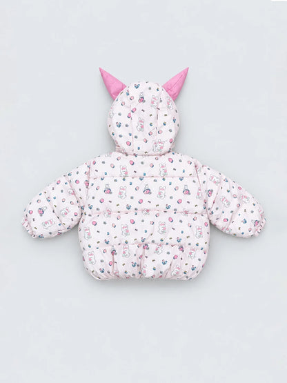 Pink Bunny Flower Quilted Hooded Winter Jacket for Kids