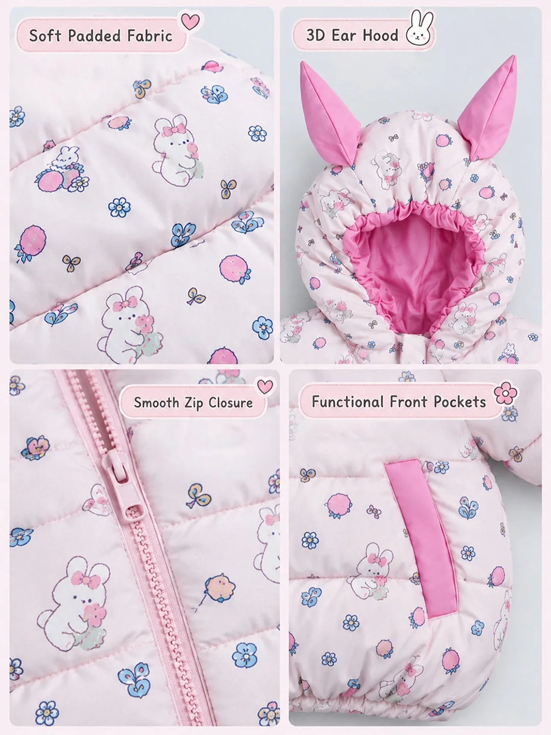 Pink Bunny Flower Quilted Hooded Winter Jacket for Kids