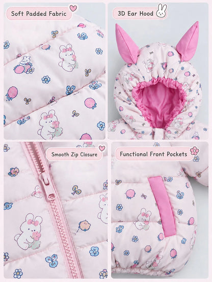 Pink Bunny Flower Quilted Hooded Winter Jacket for Kids