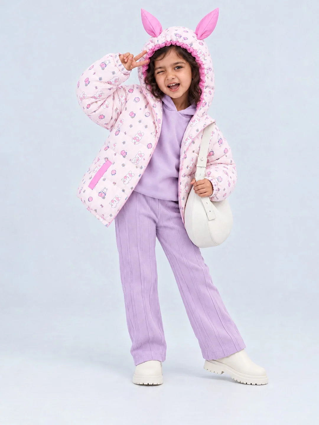 Pink Bunny Flower Quilted Hooded Winter Jacket for Kids