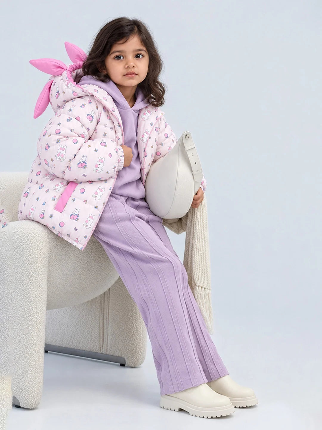 Pink Bunny Flower Quilted Hooded Winter Jacket for Kids