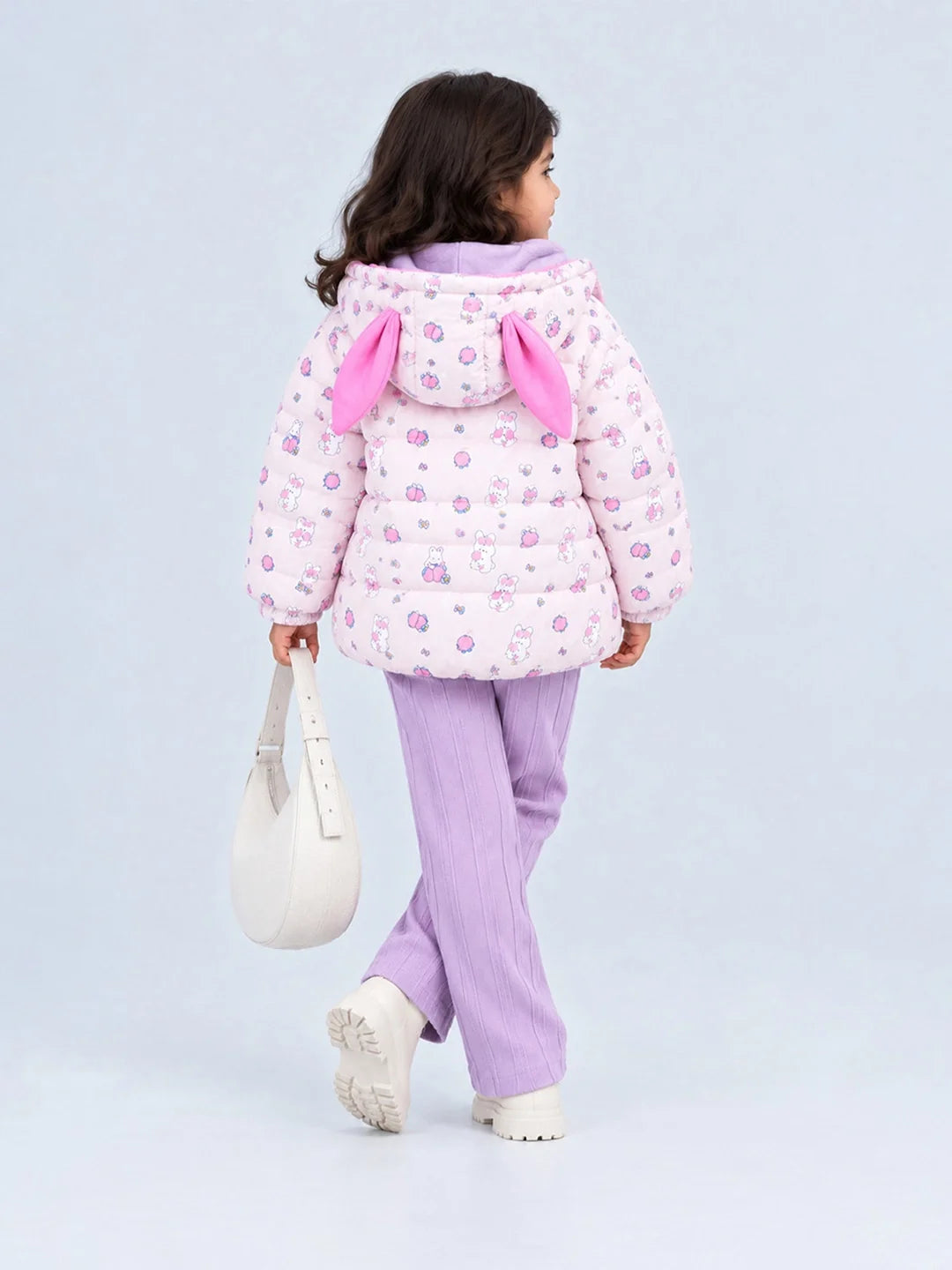 Pink Bunny Flower Quilted Hooded Winter Jacket for Kids