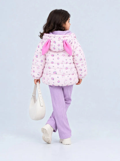 Pink Bunny Flower Quilted Hooded Winter Jacket for Kids