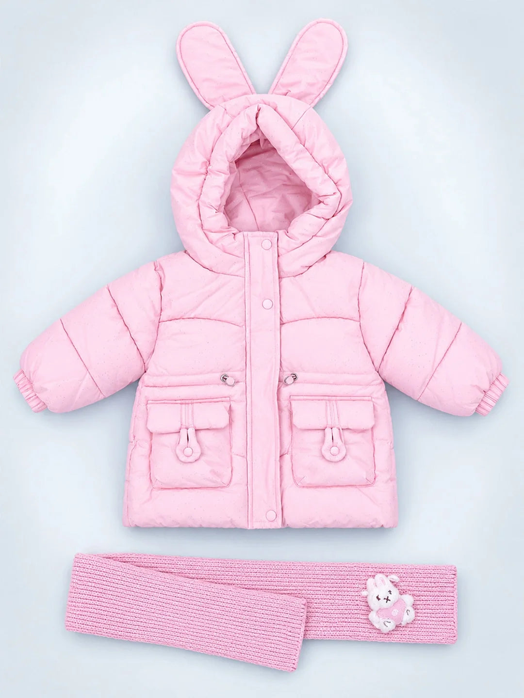 Pink Bunny Glitter Quilted Hooded Winter Jacket with Muffler for Kids