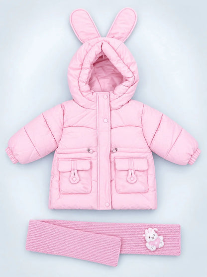 Pink Bunny Glitter Quilted Hooded Winter Jacket with Muffler for Kids