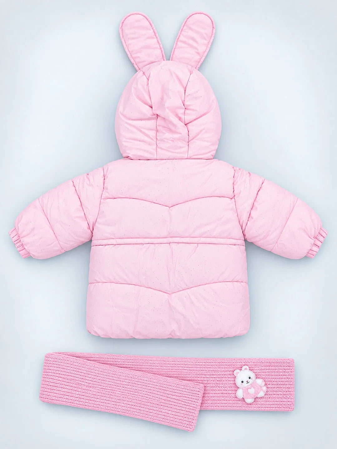 Pink Bunny Glitter Quilted Hooded Winter Jacket with Muffler for Kids