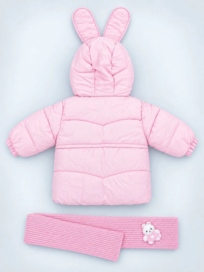 Pink Bunny Glitter Quilted Hooded Winter Jacket with Muffler for Kids