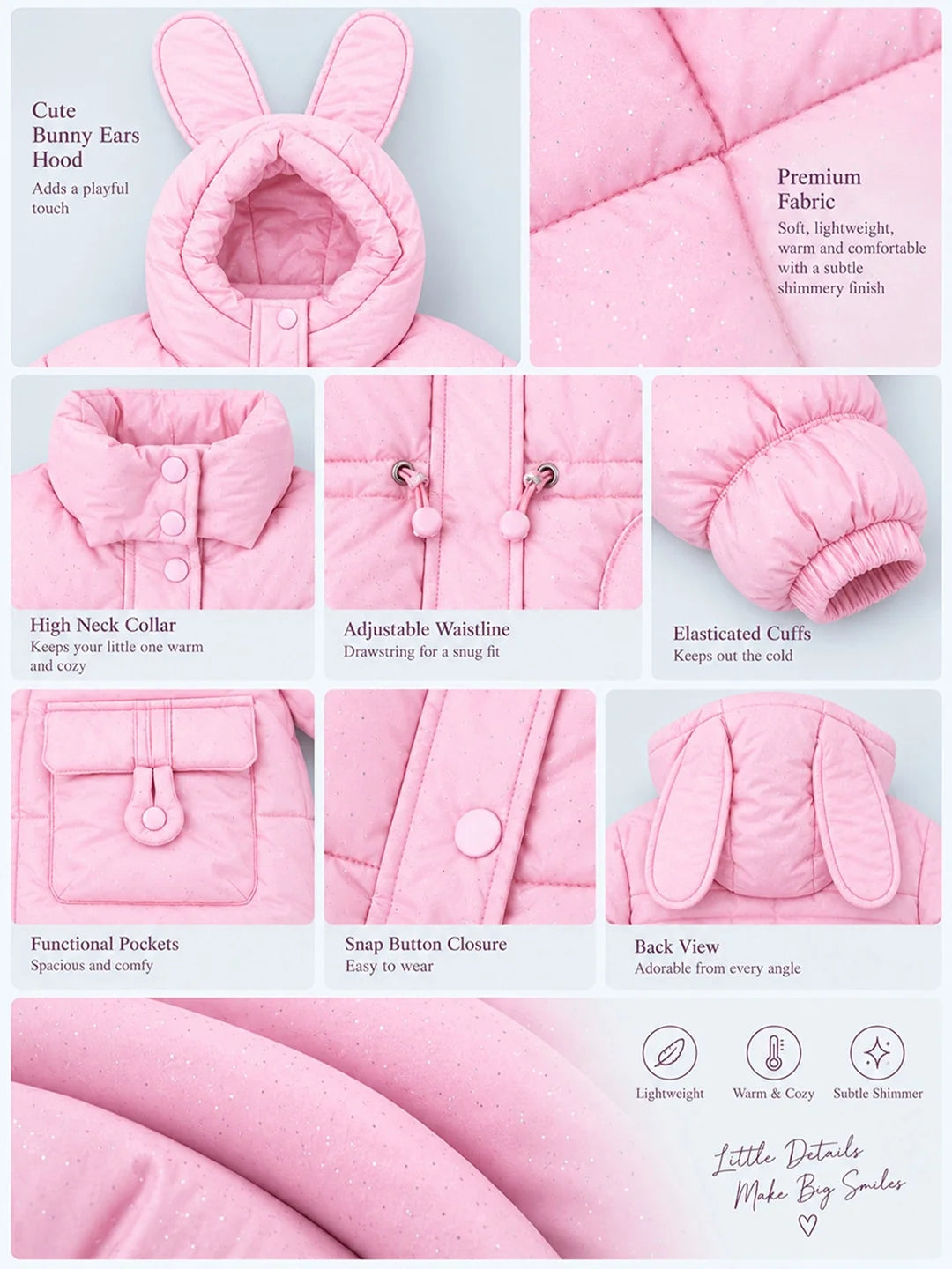 Pink Bunny Glitter Quilted Hooded Winter Jacket with Muffler for Kids