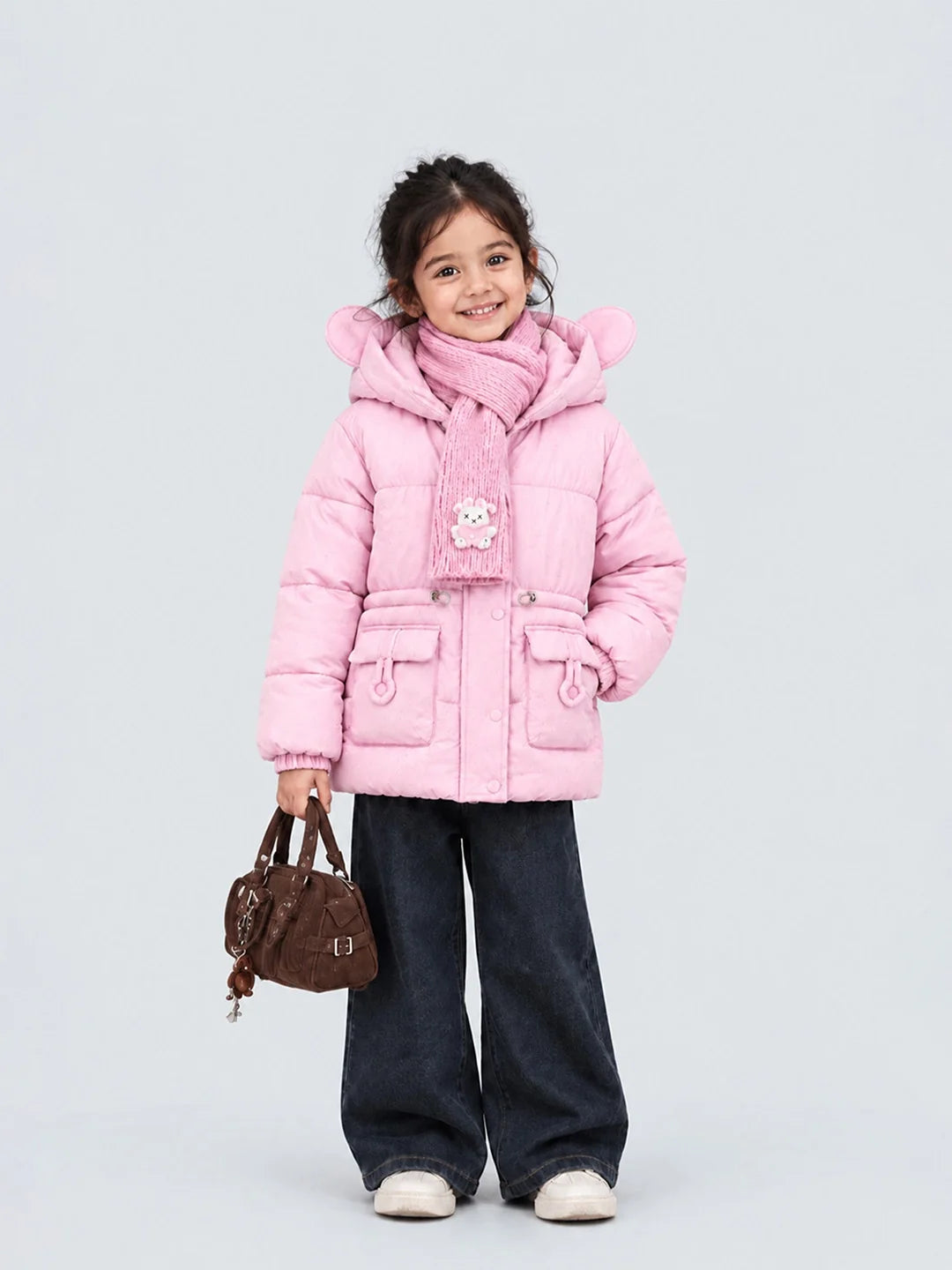 Pink Bunny Glitter Quilted Hooded Winter Jacket with Muffler for Kids