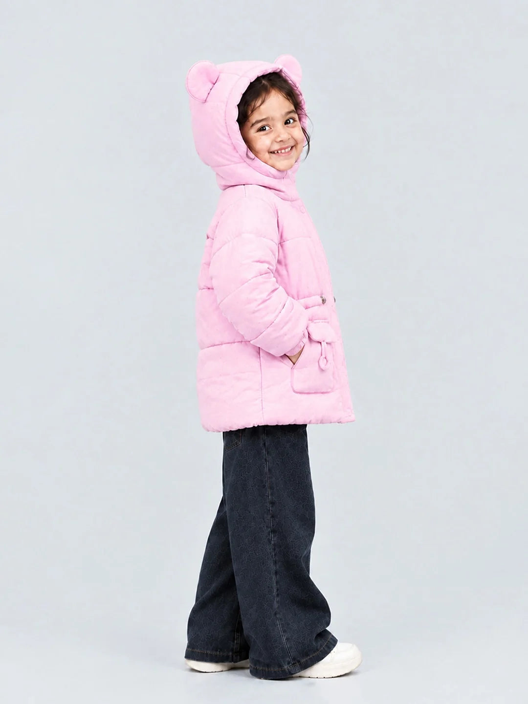 Pink Bunny Glitter Quilted Hooded Winter Jacket with Muffler for Kids