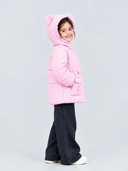 Pink Bunny Glitter Quilted Hooded Winter Jacket with Muffler for Kids