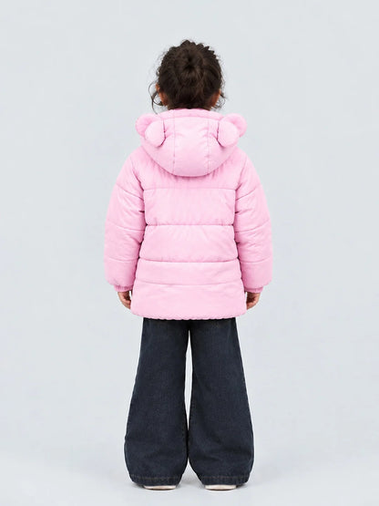 Pink Bunny Glitter Quilted Hooded Winter Jacket with Muffler for Kids
