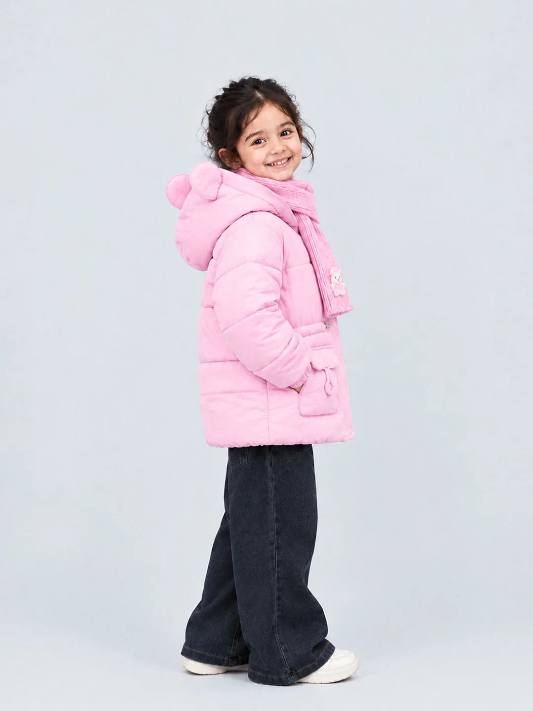 Pink Bunny Glitter Quilted Hooded Winter Jacket with Muffler for Kids