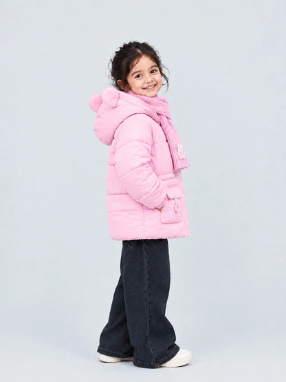 Pink Bunny Glitter Quilted Hooded Winter Jacket with Muffler for Kids