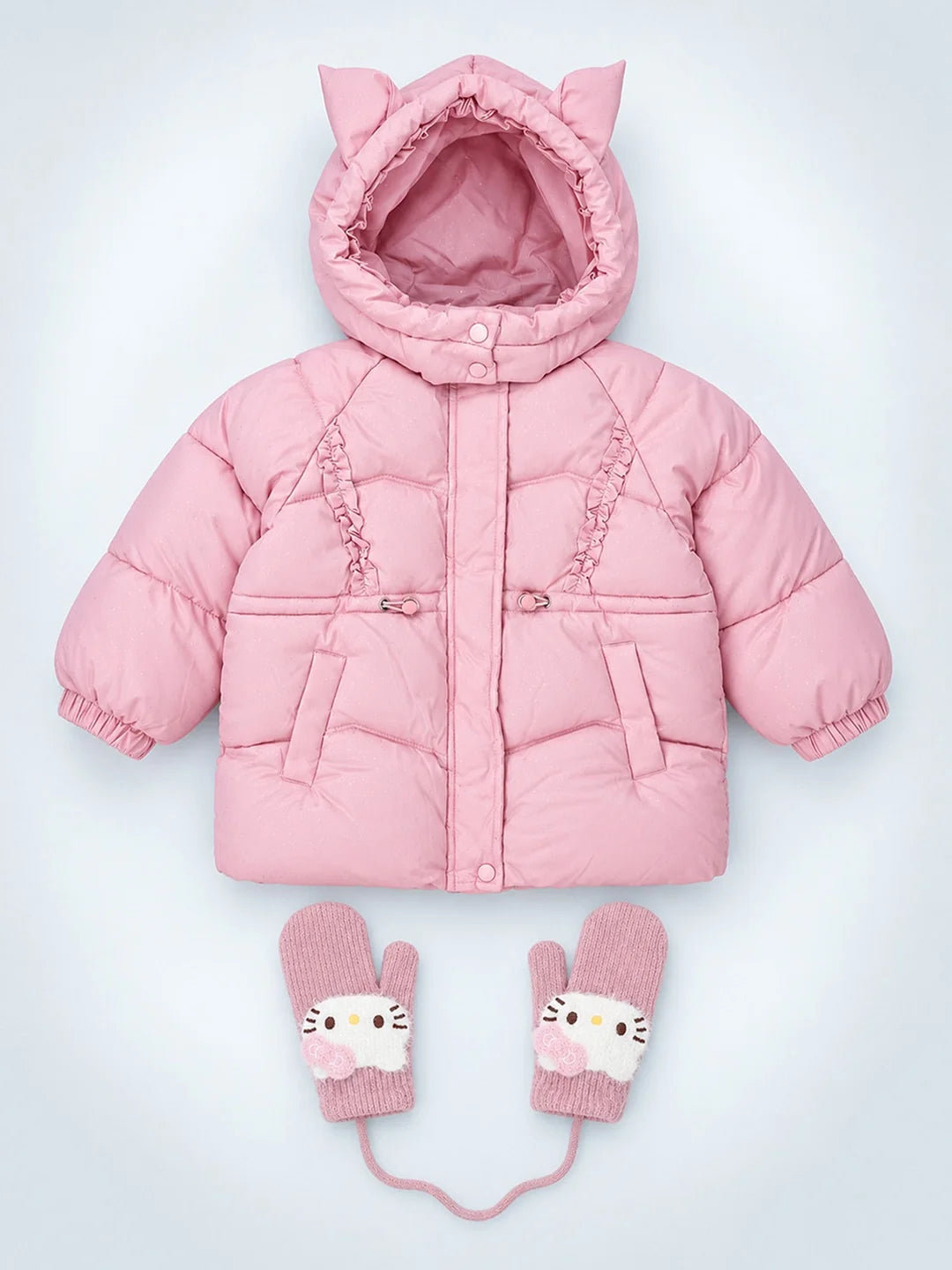 Pink Cat Glitter Quilted Hooded Winter Jacket with Mittens for Kids