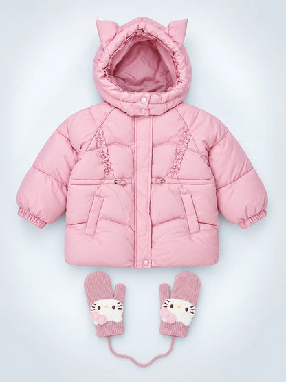Pink Cat Glitter Quilted Hooded Winter Jacket with Mittens for Kids