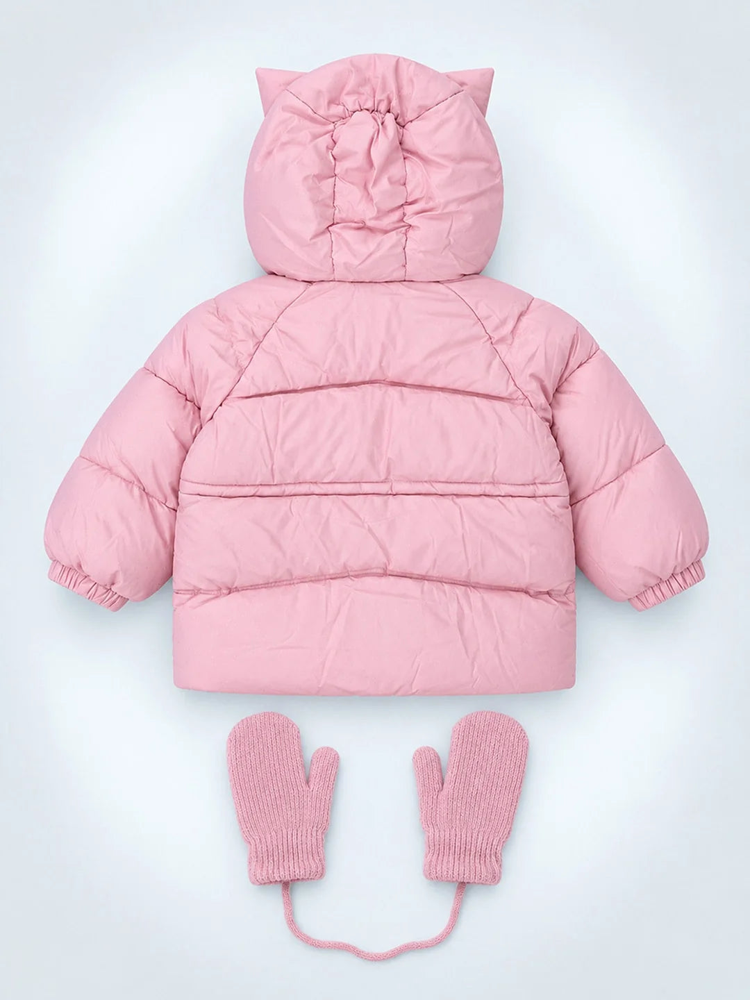 Pink Cat Glitter Quilted Hooded Winter Jacket with Mittens for Kids