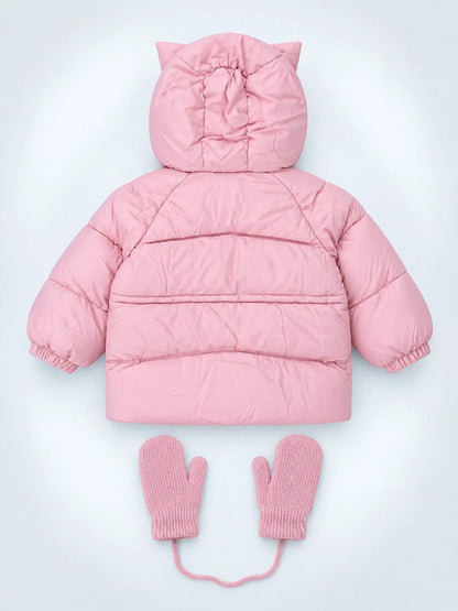 Pink Cat Glitter Quilted Hooded Winter Jacket with Mittens for Kids