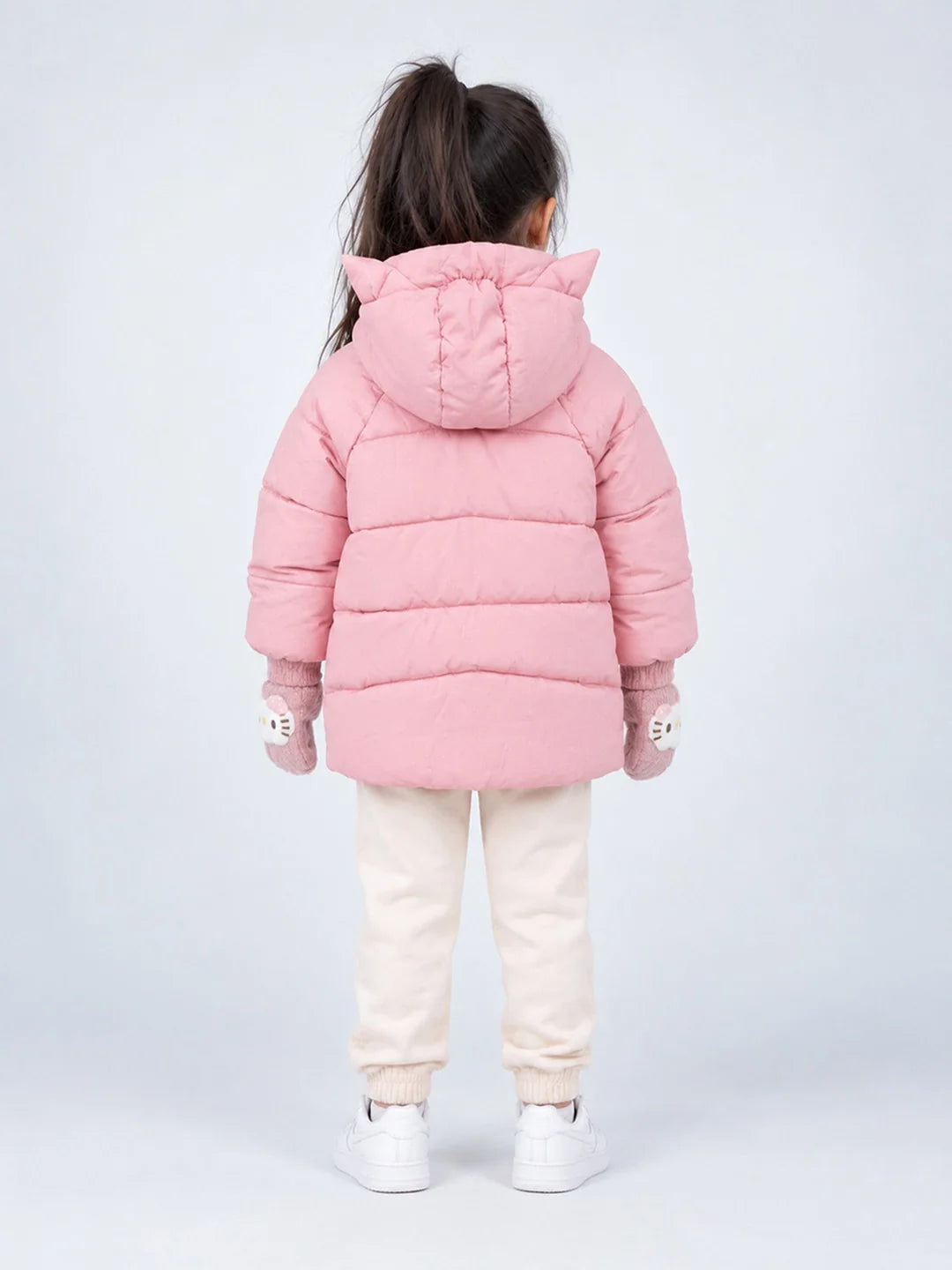 Pink Cat Glitter Quilted Hooded Winter Jacket with Mittens for Kids