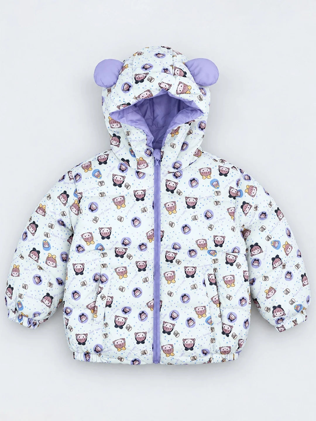 Cream & Purple Happy Girl Quilted Hooded Winter Jacket for Kids