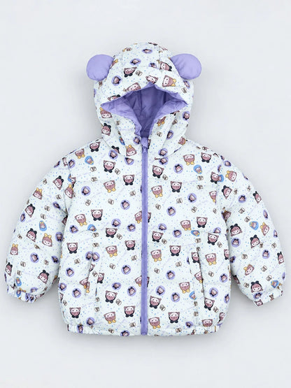 Cream & Purple Happy Girl Quilted Hooded Winter Jacket for Kids