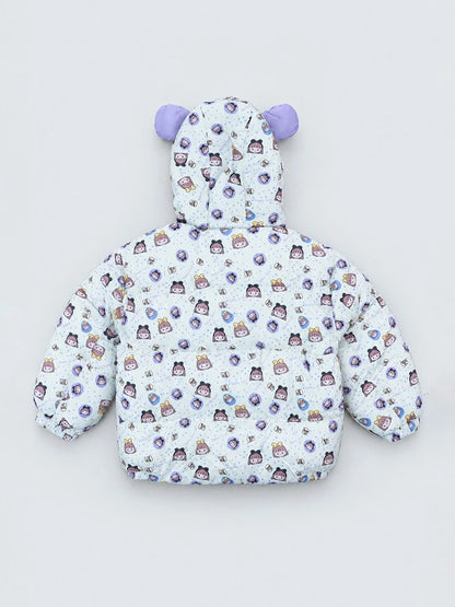 Cream & Purple Happy Girl Quilted Hooded Winter Jacket for Kids