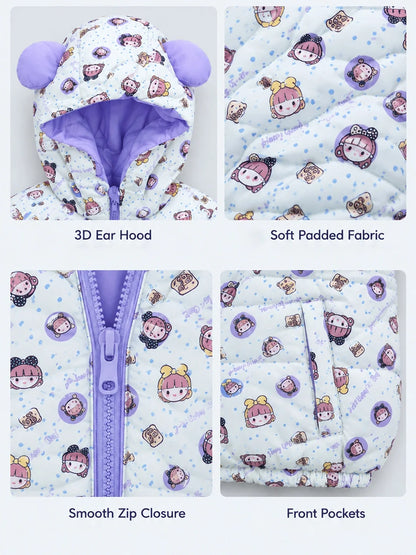 Cream & Purple Happy Girl Quilted Hooded Winter Jacket for Kids