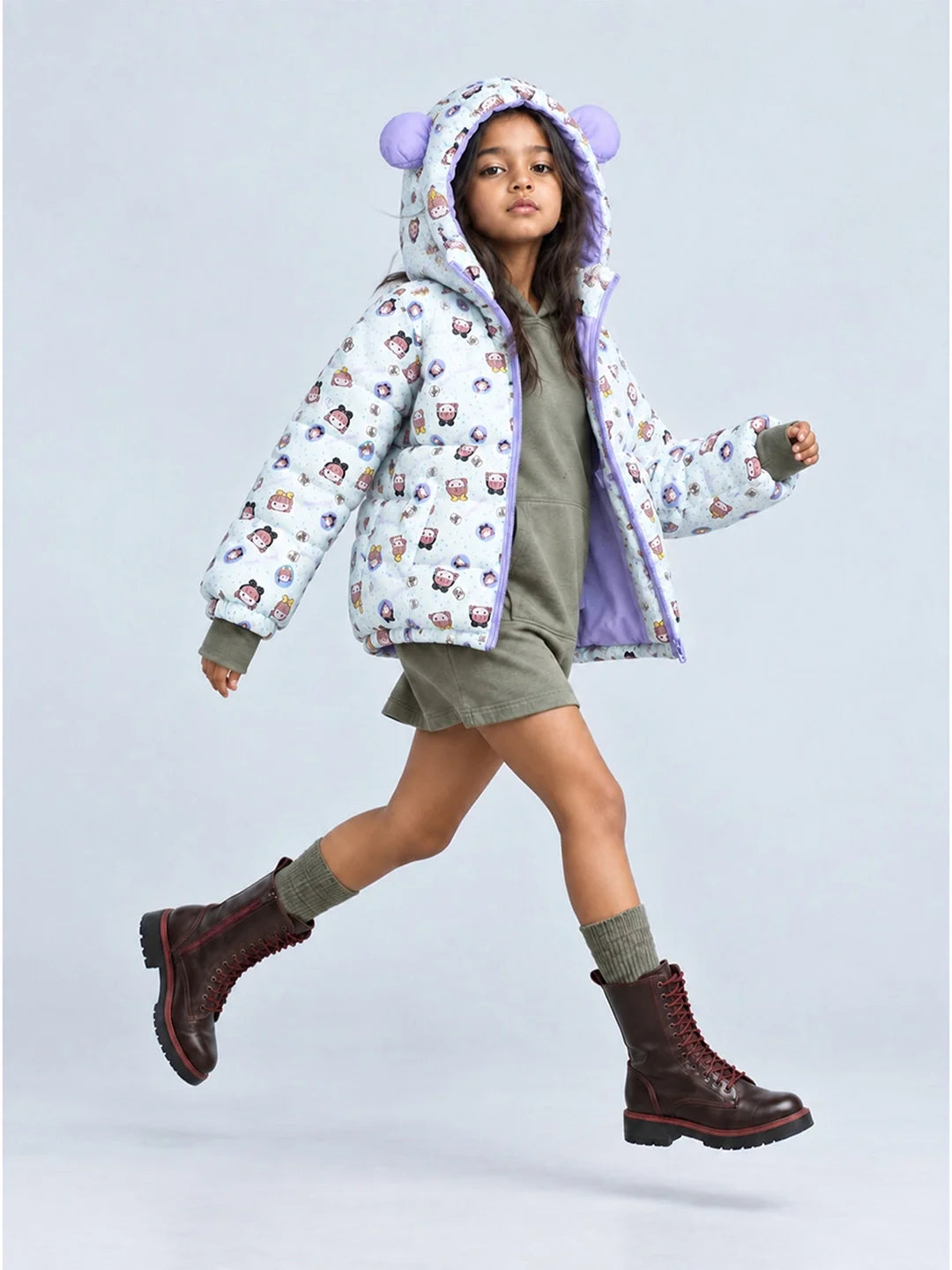 Cream & Purple Happy Girl Quilted Hooded Winter Jacket for Kids