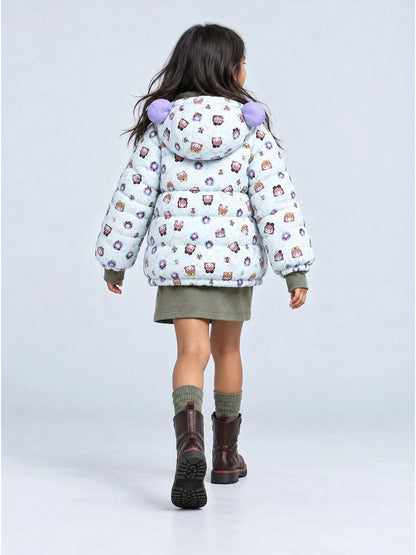 Cream & Purple Happy Girl Quilted Hooded Winter Jacket for Kids