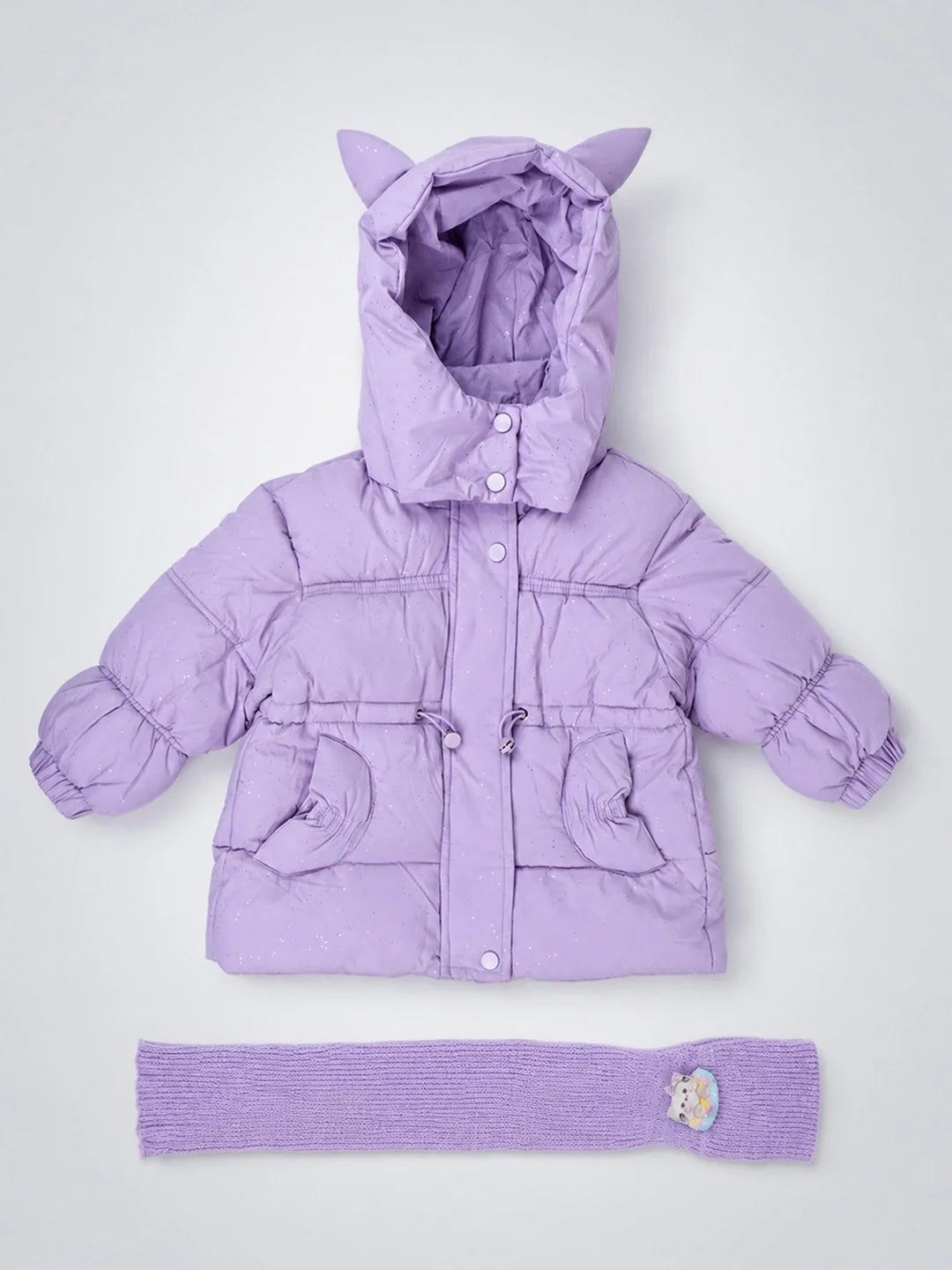 Purple Cat Glitter Quilted Hooded Winter Jacket with Muffler for Kids