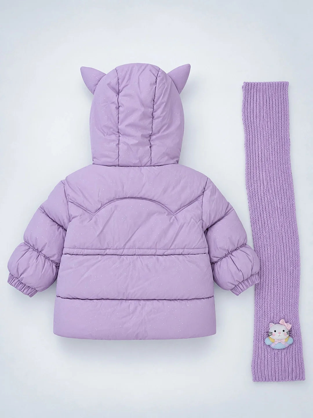 Purple Cat Glitter Quilted Hooded Winter Jacket with Muffler for Kids