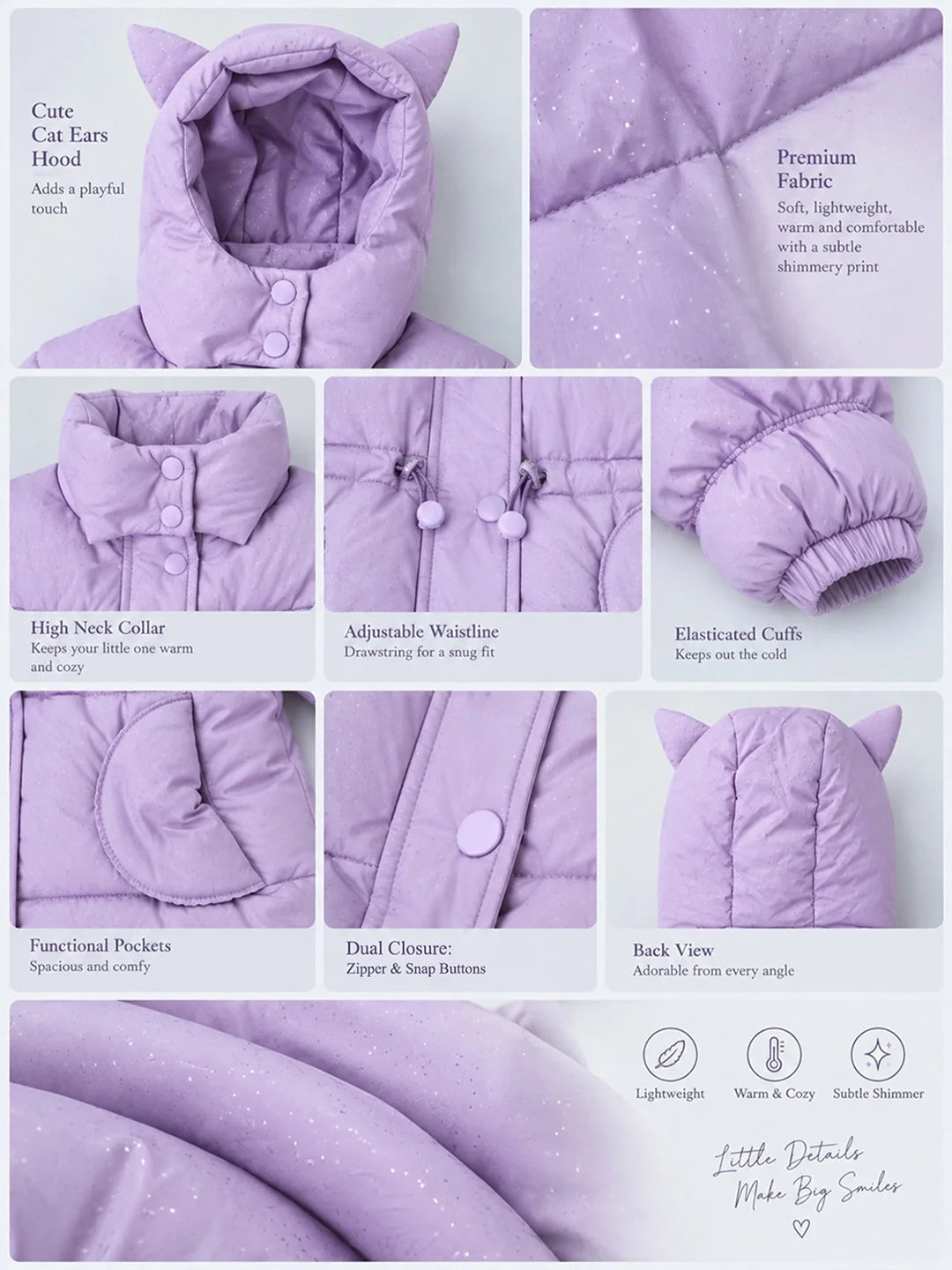 Purple Cat Glitter Quilted Hooded Winter Jacket with Muffler for Kids