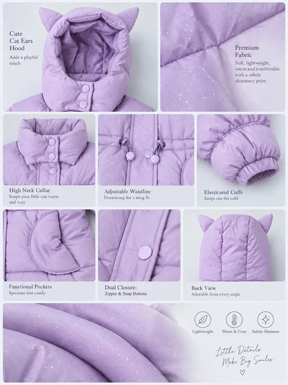 Purple Cat Glitter Quilted Hooded Winter Jacket with Muffler for Kids