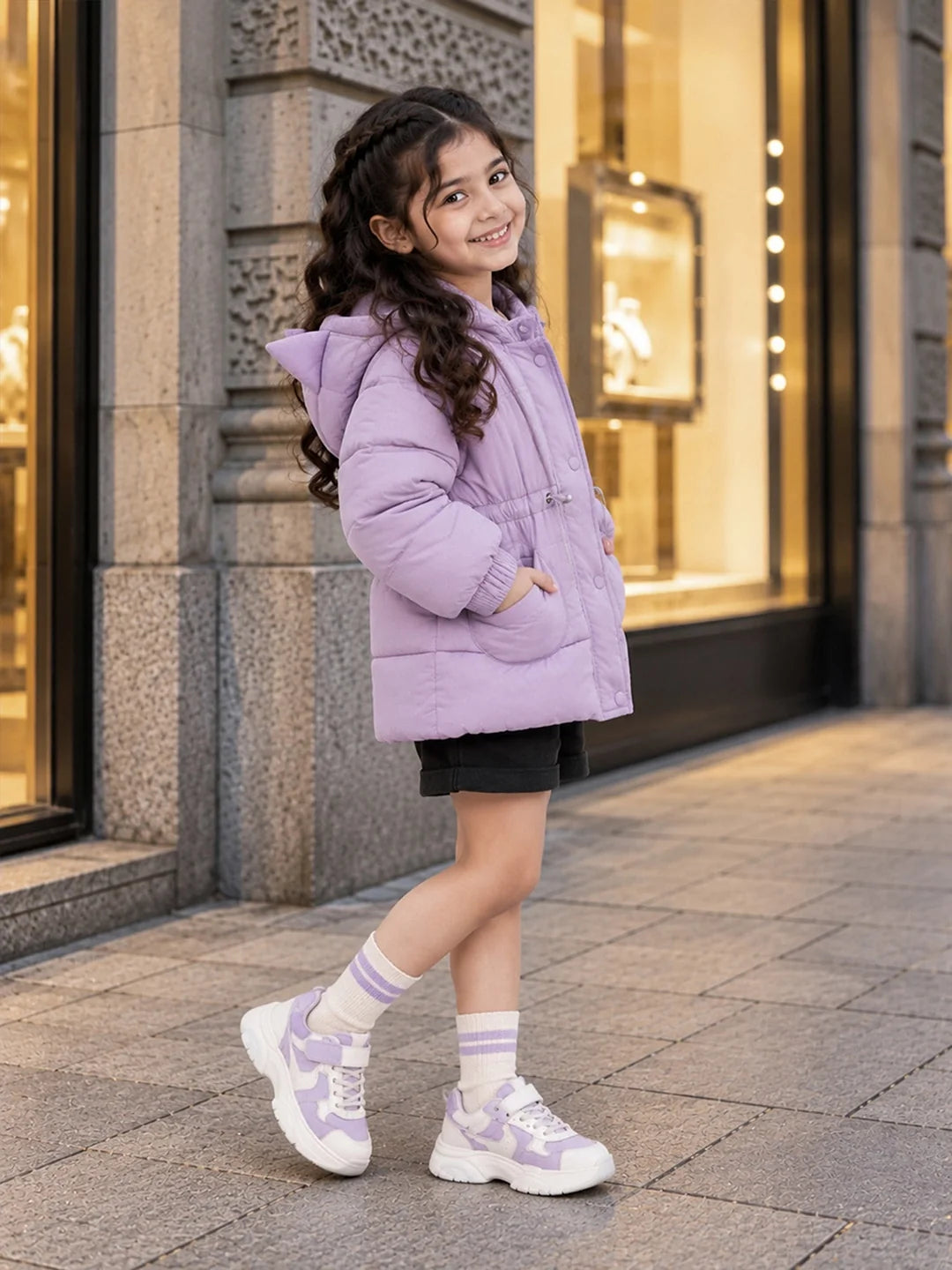 Purple Cat Glitter Quilted Hooded Winter Jacket with Muffler for Kids