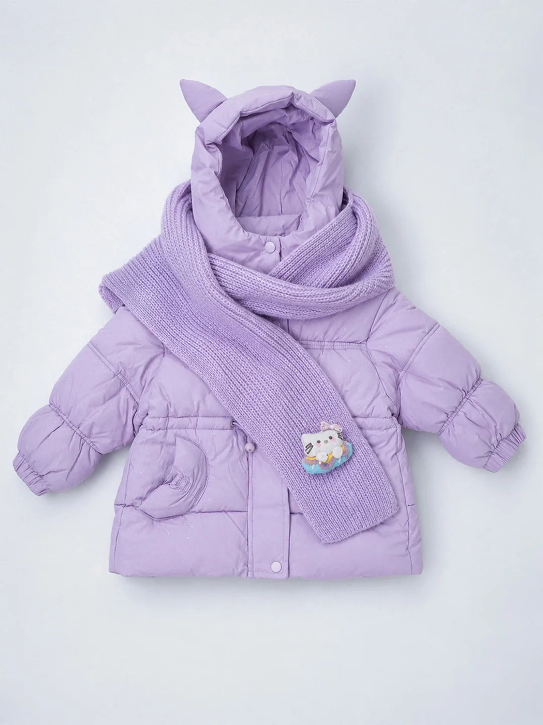 Purple Cat Glitter Quilted Hooded Winter Jacket with Muffler for Kids