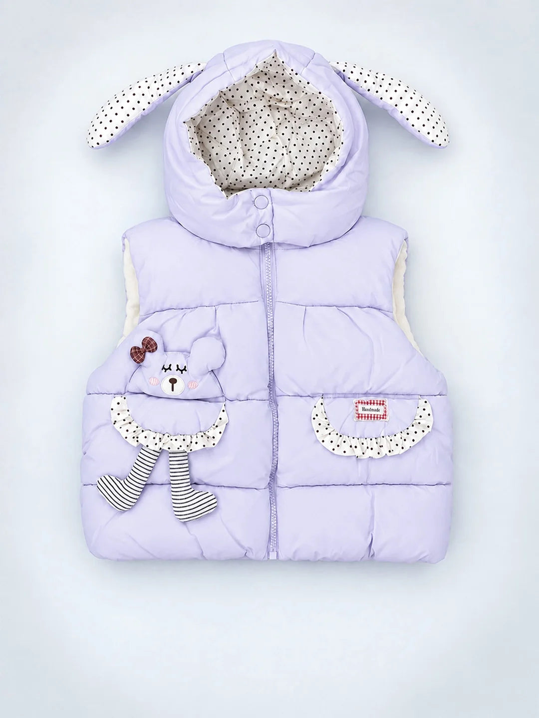 Purple Polka Dots Cute Character-Themed Quilted Hooded Sleeveless Winter Jacket for Kids
