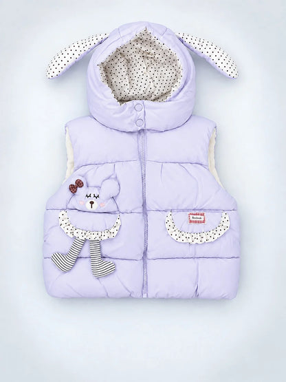 Purple Polka Dots Cute Character-Themed Quilted Hooded Sleeveless Winter Jacket for Kids
