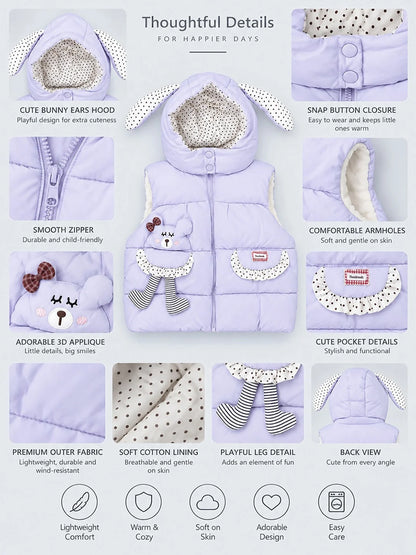 Purple Polka Dots Cute Character-Themed Quilted Hooded Sleeveless Winter Jacket for Kids
