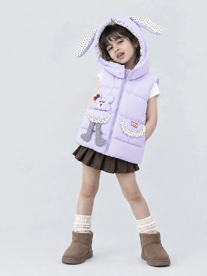 Purple Polka Dots Cute Character-Themed Quilted Hooded Sleeveless Winter Jacket for Kids