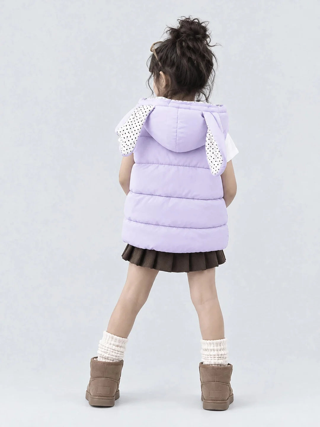 Purple Polka Dots Cute Character-Themed Quilted Hooded Sleeveless Winter Jacket for Kids