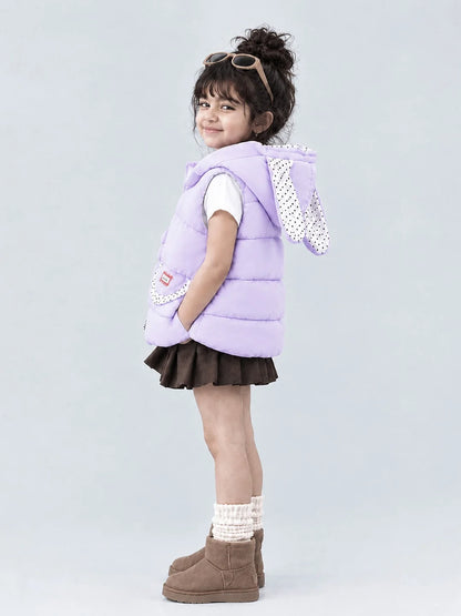 Purple Polka Dots Cute Character-Themed Quilted Hooded Sleeveless Winter Jacket for Kids