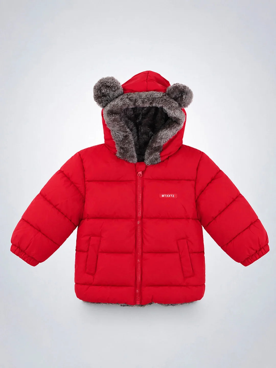 Red Bear-Ear Faux-Fur Hooded Quilted Winter Jacket for Kids
