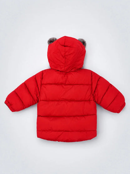 Red Bear-Ear Faux-Fur Hooded Quilted Winter Jacket for Kids