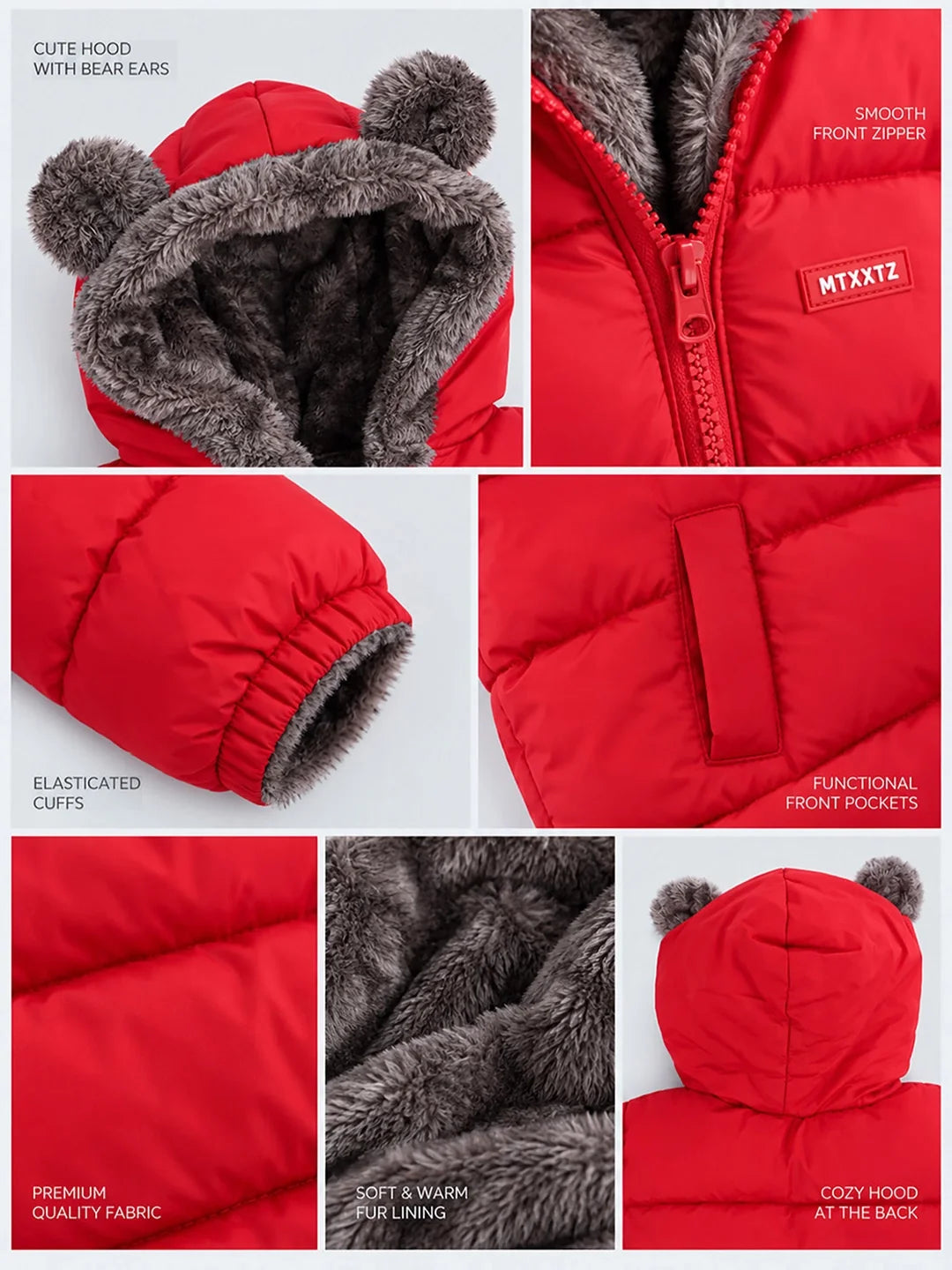 Red Bear-Ear Faux-Fur Hooded Quilted Winter Jacket for Kids