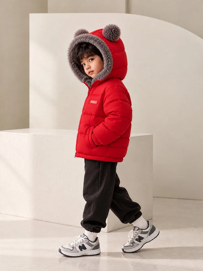 Red Bear-Ear Faux-Fur Hooded Quilted Winter Jacket for Kids